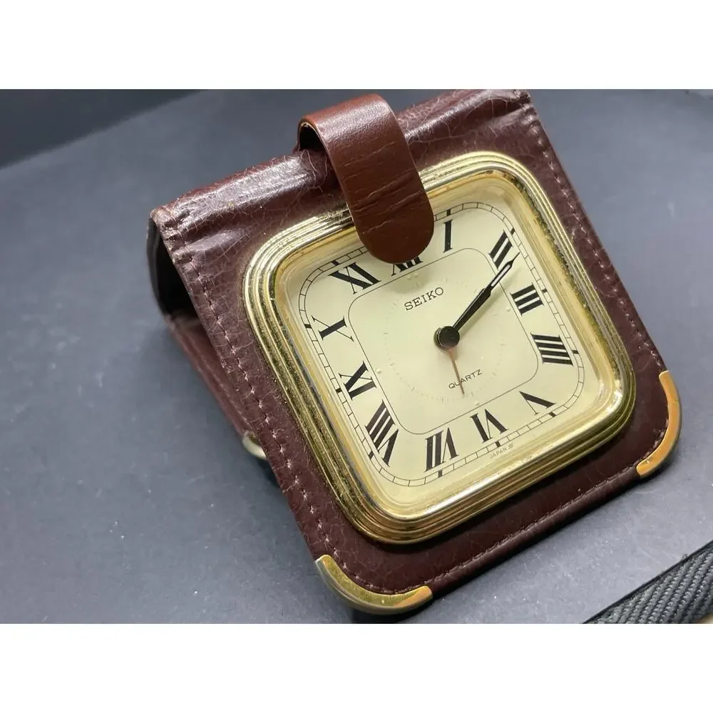 Vintage Seiko Quartz Travel Alarm Clock Brown Leather Folding Case QQ534B